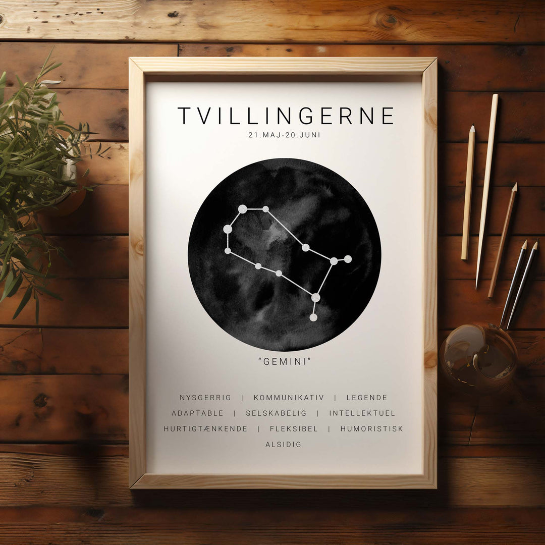 Tvilling Stjernetegn Plakat | Sort