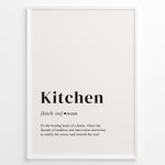 Indlæs billede til gallerivisning Minimalist kitchen definition poster with black text describing the kitchen as the heart of a home on a light background in a white frame.
