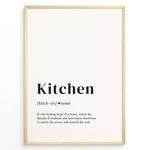 Indlæs billede til gallerivisning Minimalist kitchen definition poster with black text describing the kitchen as the heart of a home on a light background in a golden frame.
