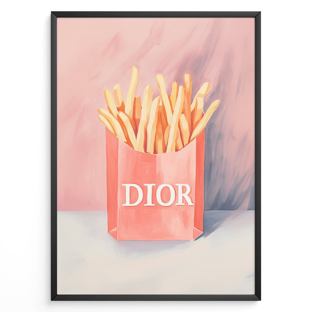 Pop art print plakat of golden fries in a pink designer-style bag with artistic pink and purple background.
