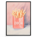 Indlæs billede til gallerivisning Pop art print plakat of golden fries in a pink designer-style bag with artistic pink and purple background.
