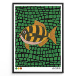 Indlæs billede til gallerivisning Colorful Japanese dot art illustration of a fish on a green patterned background in a framed poster.
