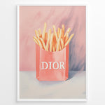Indlæs billede til gallerivisning Pop art print plakat of golden fries in a pink designer-style bag with artistic pink and purple background.
