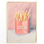 Indlæs billede til gallerivisning Pop art print plakat of golden fries in a pink designer-style bag with artistic pink and purple background.
