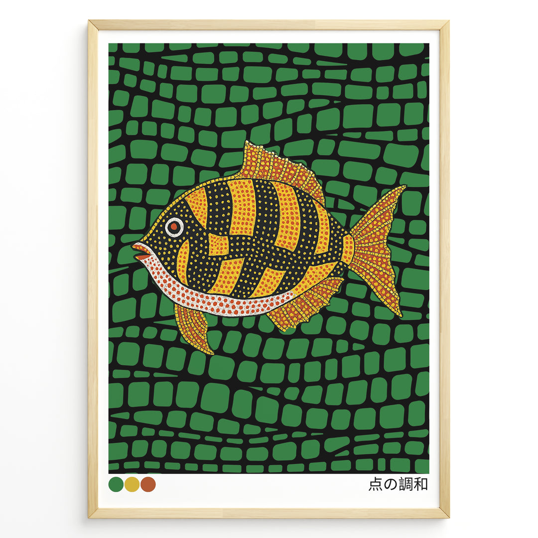 Colorful Japanese dot art illustration of a fish on a green patterned background in a framed poster.