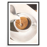 Indlæs billede til gallerivisning Coffee art print plakat showing milk being poured into a cup of espresso, creating a swirl pattern in a white cup on a saucer.
