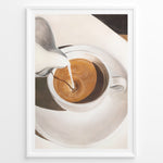 Indlæs billede til gallerivisning Coffee art print plakat showing milk being poured into a cup of espresso, creating a swirl pattern in a white cup on a saucer.
