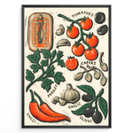 Indlæs billede til gallerivisning Rustic Mediterranean ingredients poster with illustrated tomatoes, garlic, olives, parsley, chili, and anchovies on a cream background in a black frame.
