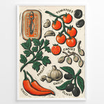 Indlæs billede til gallerivisning Rustic Mediterranean ingredients poster with illustrated tomatoes, garlic, olives, parsley, chili, and anchovies on a cream background in a white frame.
