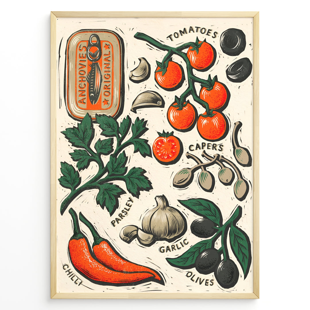 Rustic Mediterranean ingredients poster with illustrated tomatoes, garlic, olives, parsley, chili, and anchovies on a cream background in a golden frame.