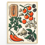 Indlæs billede til gallerivisning Rustic Mediterranean ingredients poster with illustrated tomatoes, garlic, olives, parsley, chili, and anchovies on a cream background in a golden frame.
