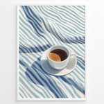 Indlæs billede til gallerivisning Minimalist espresso art print plakat featuring a white coffee cup on blue and white striped fabric in a White frame.
