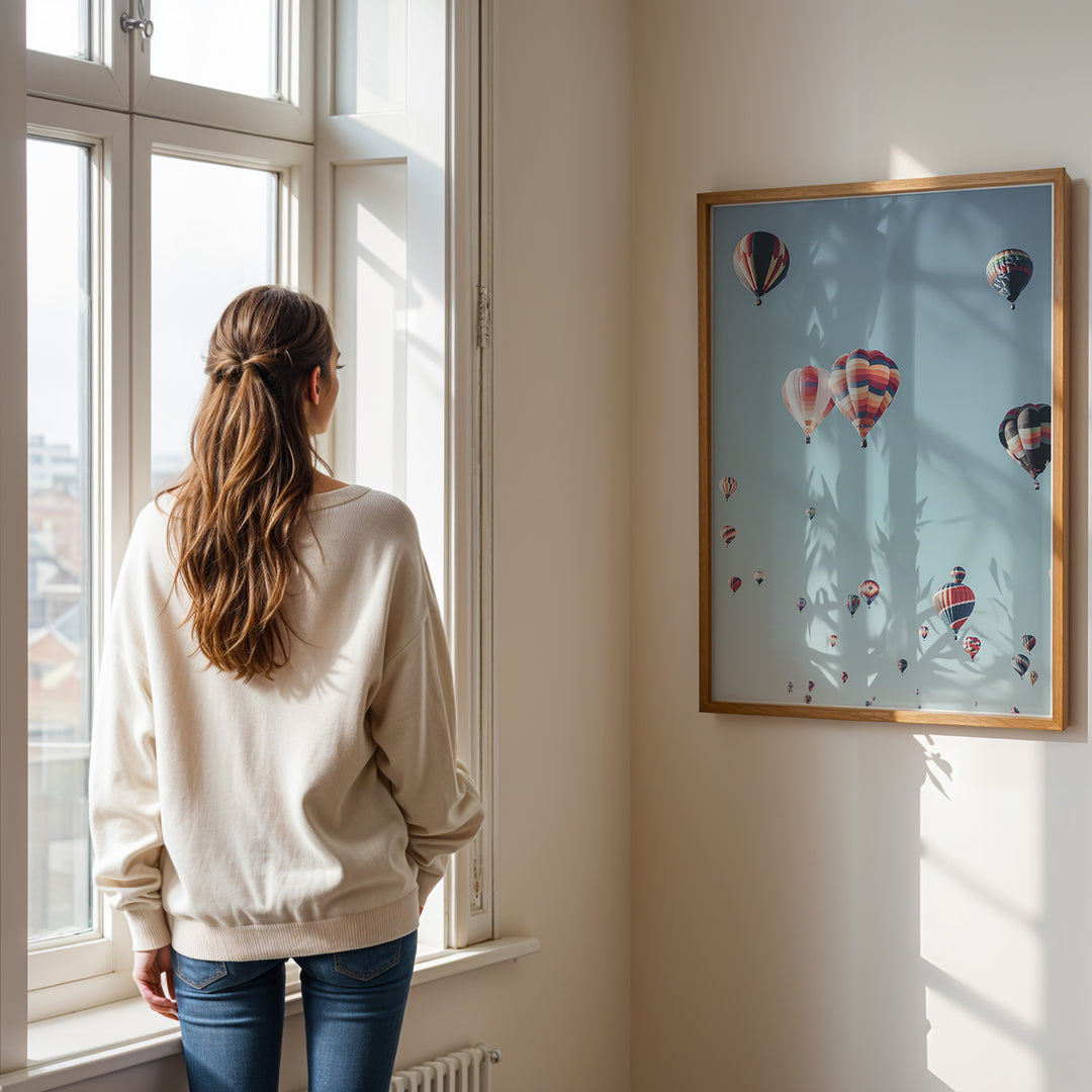 Plakat med luftballoner | Sommer og Strand Plakater | Denne plakat viser mange farverige luftballoner i en klar blå himmel. Perfekt til dem, der elsker eventyr og frihed.