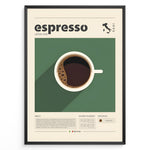 Indlæs billede til gallerivisning Modern espresso poster with minimalist coffee cup illustration on a green background and Italian design details in a black frame.
