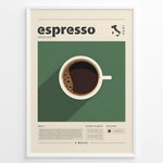 Indlæs billede til gallerivisning Modern espresso poster with minimalist coffee cup illustration on a green background and Italian design details in a white frame.
