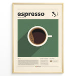 Indlæs billede til gallerivisning Modern espresso poster with minimalist coffee cup illustration on a green background and Italian design details in a golden frame.
