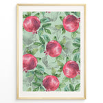 Indlæs billede til gallerivisning Watercolor botanical poster featuring red pomegranates with green leaves on a mint green background, framed in golden.

