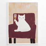 Indlæs billede til gallerivisning Funny cat art print plakat showing a white cat sitting on a maroon chair holding a wine glass, framed in black on a beige background.
