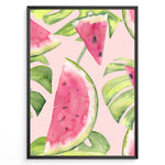 Indlæs billede til gallerivisning Watercolor poster featuring watermelon slices and tropical green leaves on a soft pink background, framed in black.
