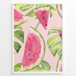 Indlæs billede til gallerivisning Watercolor poster featuring watermelon slices and tropical green leaves on a soft pink background, framed in white.
