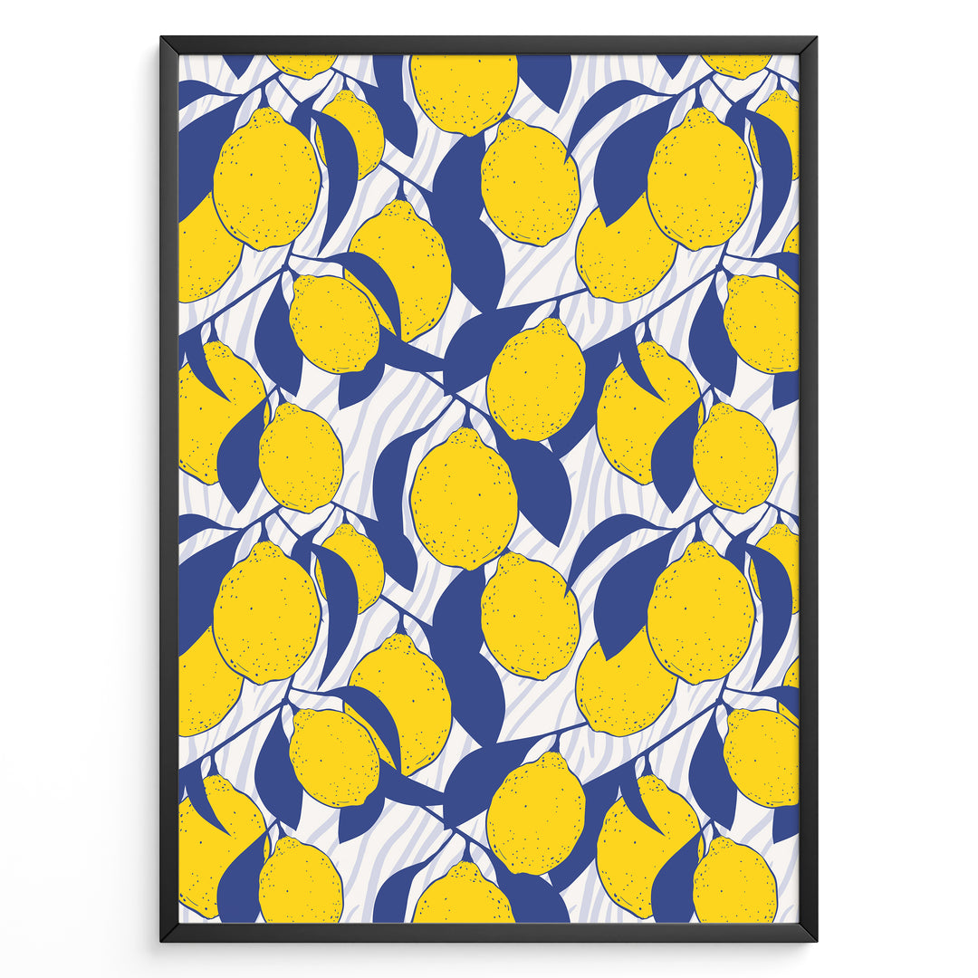 Bright lemon pattern poster with yellow lemons and blue leaves on a white background, framed in black.