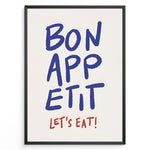 Indlæs billede til gallerivisning Minimalist poster with blue handwritten text “Bon Appétit” and red “Let’s Eat!” on a white background, framed in black.
