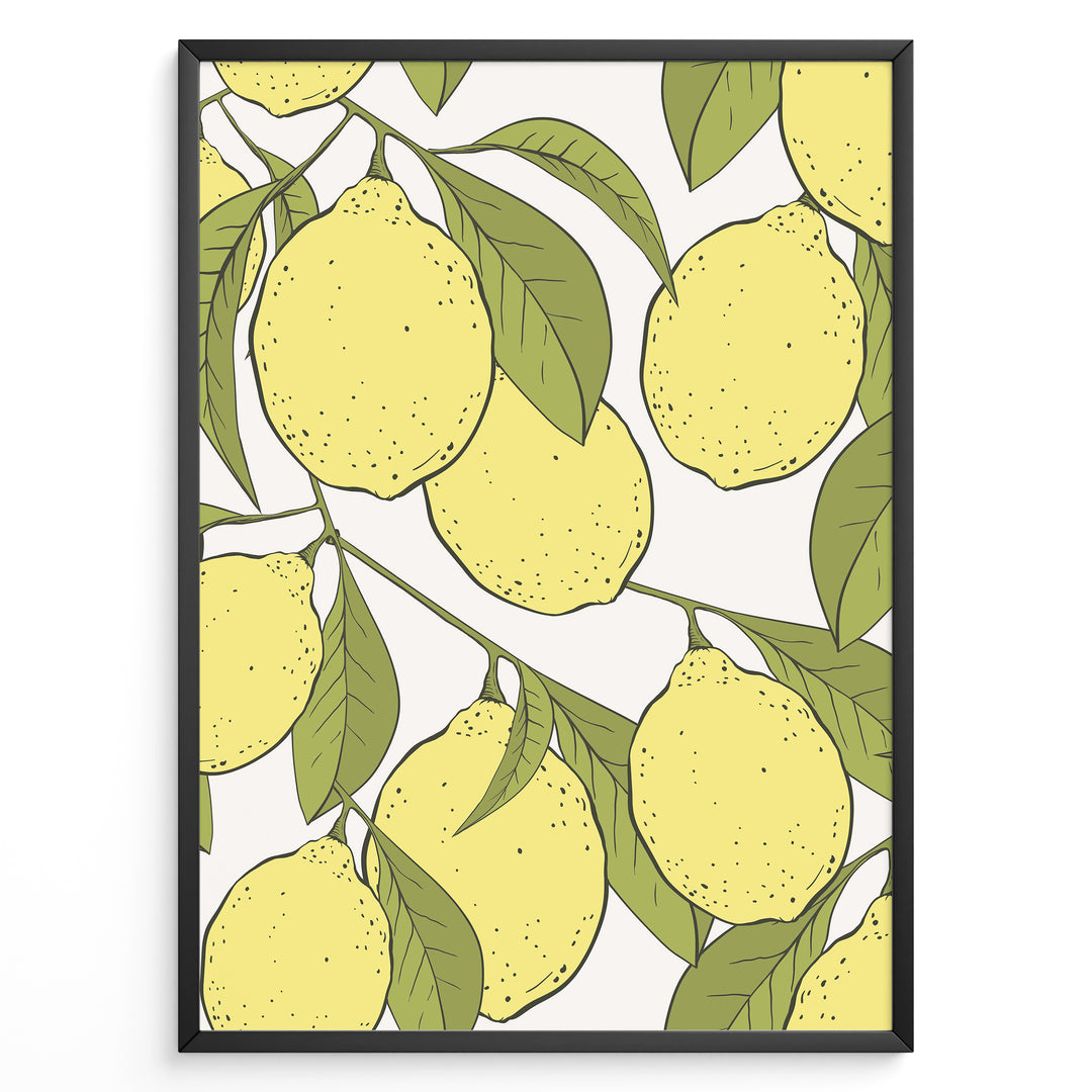 Botanical poster featuring yellow lemons with green leaves on white background, framed in black.