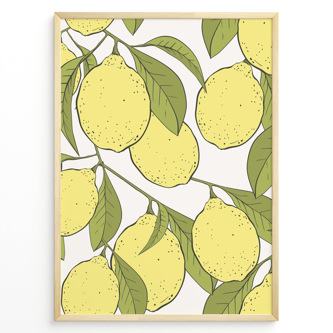Botanical poster featuring yellow lemons with green leaves on white background, framed in golden.