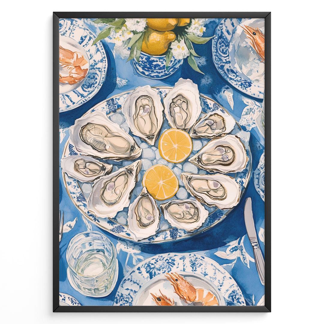 Oyster platter art print plakat showing oysters and lemon slices on a blue patterned table with seafood dishes and glassware in a black frame.