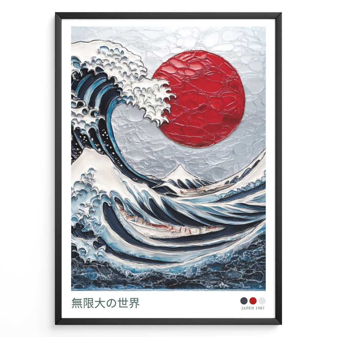Textured Japanese-style artwork of a large blue wave with a red sun in a framed poster.