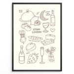 Indlæs billede til gallerivisning Minimal line art poster featuring doodles of wine, bread, cheese, fruit, and text “G’Day Lovers” on a cream background framed in black.
