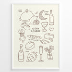 Indlæs billede til gallerivisning Minimal line art poster featuring doodles of wine, bread, cheese, fruit, and text “G’Day Lovers” on a cream background framed in white.
