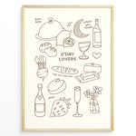 Indlæs billede til gallerivisning Minimal line art poster featuring doodles of wine, bread, cheese, fruit, and text “G’Day Lovers” on a cream background framed in golden.

