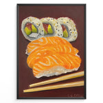 Indlæs billede til gallerivisning Hand-painted sushi artwork featuring salmon nigiri, sushi rolls, and chopsticks on a dark brown background in a black frame.
