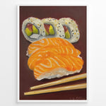Indlæs billede til gallerivisning Hand-painted sushi artwork featuring salmon nigiri, sushi rolls, and chopsticks on a dark brown background in a white frame.
