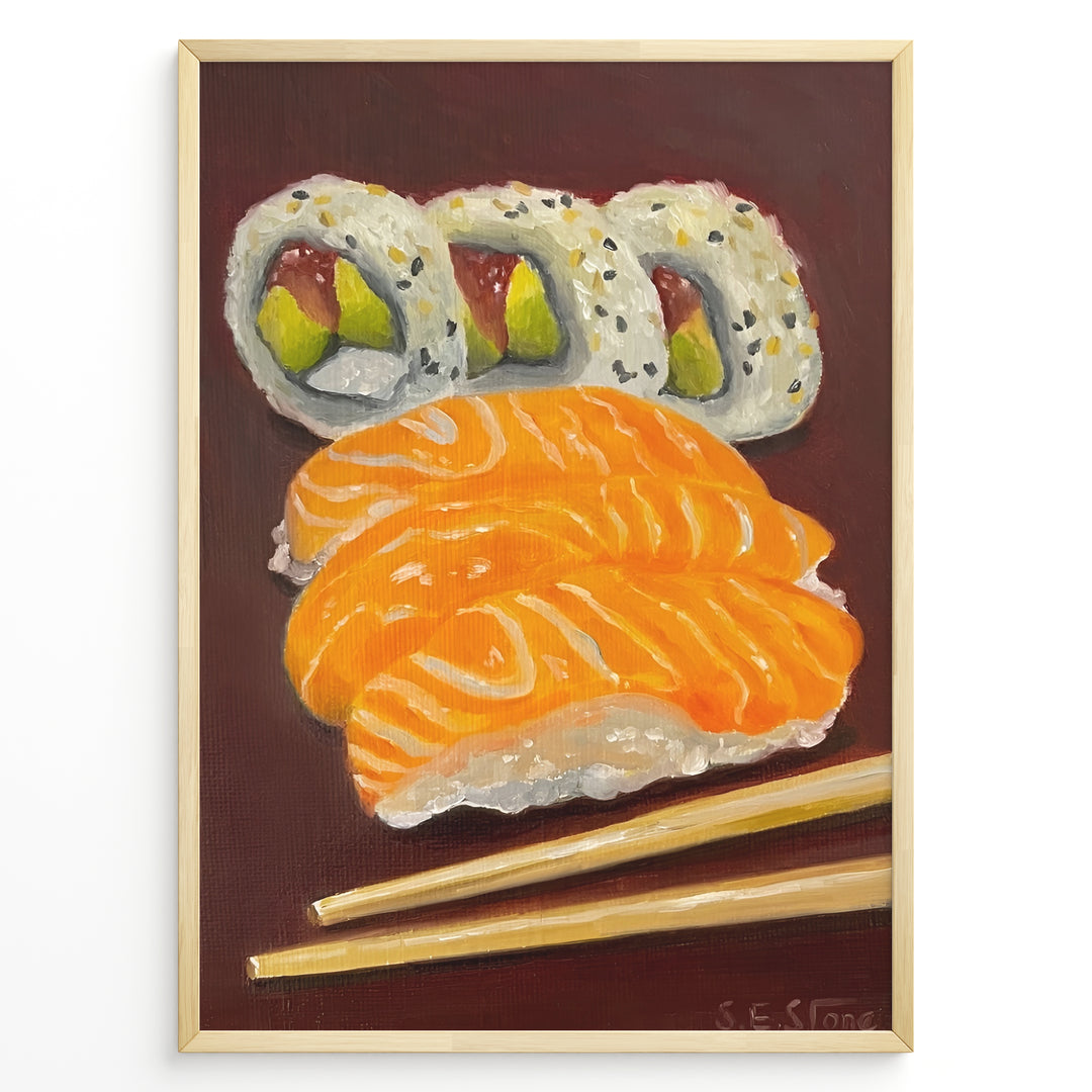 Hand-painted sushi artwork featuring salmon nigiri, sushi rolls, and chopsticks on a dark brown background in a golden frame.