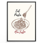 Indlæs billede til gallerivisning Minimalist poster with line art of pasta bowl and fork, text reading “Eat Pasta Run Fasta,” in black and red typography, framed in black.
