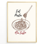 Indlæs billede til gallerivisning Minimalist poster with line art of pasta bowl and fork, text reading “Eat Pasta Run Fasta,” in black and red typography, framed in golden.
