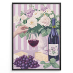Indlæs billede til gallerivisning Elegant wine and cheese art print plakat with wine bottle, glass, grapes, cheese, and floral bouquet on lavender striped background in black frame.
