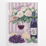 Indlæs billede til gallerivisning Elegant wine and cheese art print plakat with wine bottle, glass, grapes, cheese, and floral bouquet on lavender striped background in white frame.
