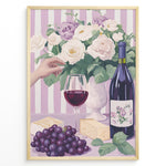 Indlæs billede til gallerivisning Elegant wine and cheese art print plakat with wine bottle, glass, grapes, cheese, and floral bouquet on lavender striped background in golden frame.
