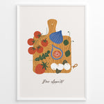 Indlæs billede til gallerivisning Bon Appétit art print plakat with tomatoes, figs, strawberries, and cheese on a wooden cutting board illustration in a white frame.
