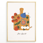 Indlæs billede til gallerivisning Bon Appétit art print plakat with tomatoes, figs, strawberries, and cheese on a wooden cutting board illustration in a golden frame.
