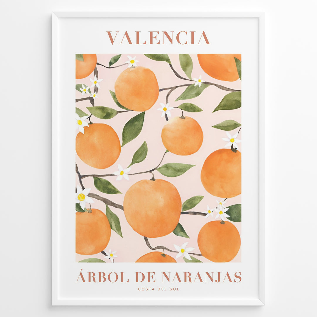 Watercolor poster featuring oranges and green leaves with the text “Valencia Árbol de Naranjas Costa del Sol,” framed in white.