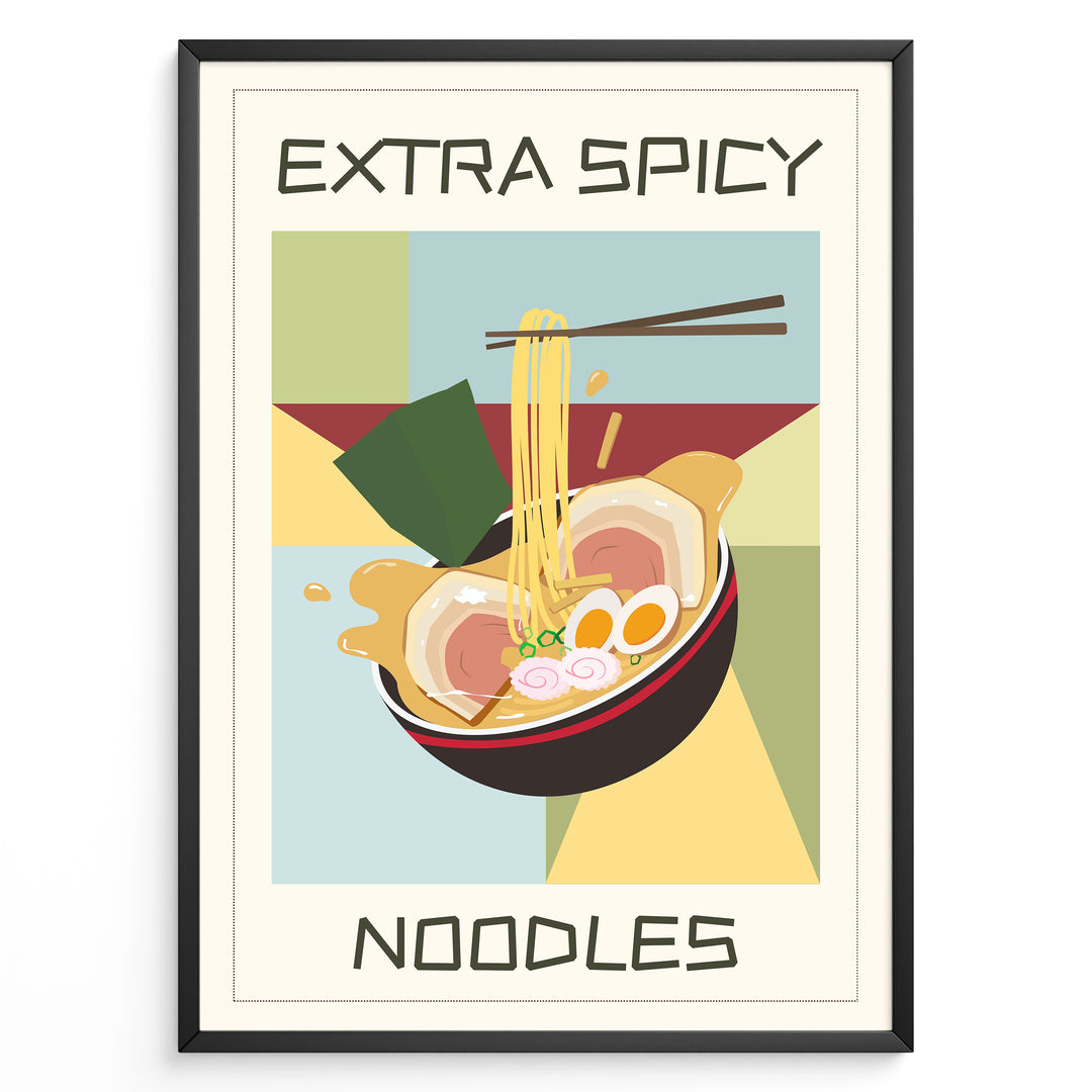 Colorful poster with a bowl of ramen noodles, eggs, and seaweed, featuring the text “Extra Spicy Noodles” in bold letters, framed in black.