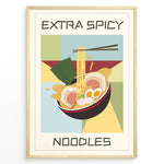Indlæs billede til gallerivisning Colorful poster with a bowl of ramen noodles, eggs, and seaweed, featuring the text “Extra Spicy Noodles” in bold letters, framed in golden.
