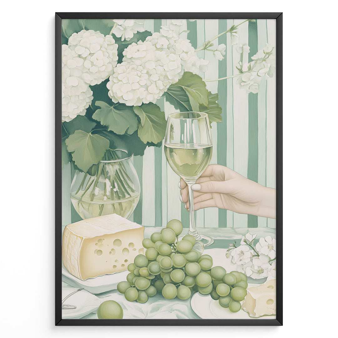Elegant art print plakat of white wine glass, grapes, cheese, and hydrangeas on a green striped table with a hand holding a wine glass in a black frame.