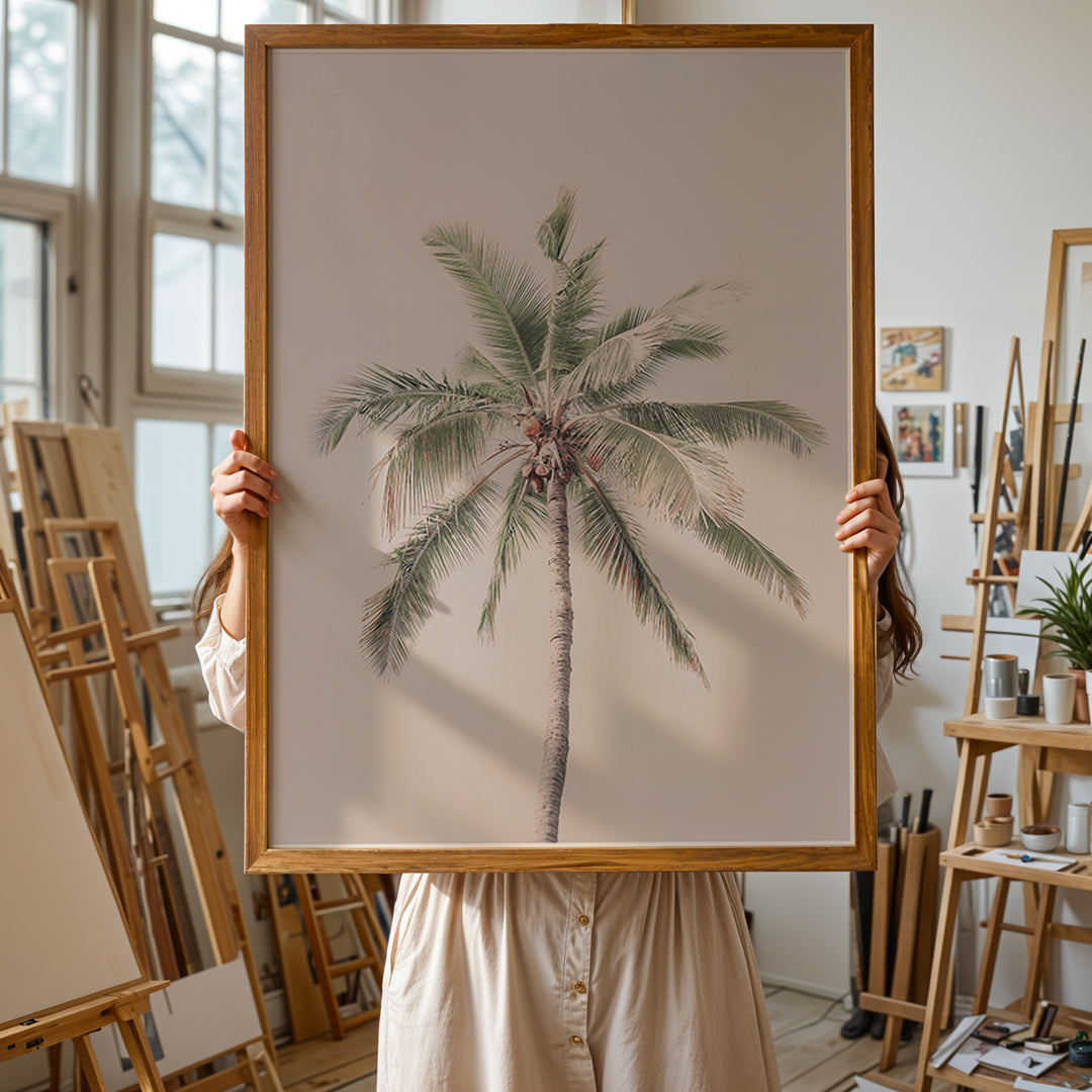 Plakat med palmetræ | Sommer og Strand Plakater | Denne plakat viser en høj palme med grønne blade mod en lys, pastel farvet himmel. Perfekt til dem, der elsker tropisk atmosfære.