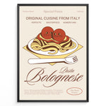 Indlæs billede til gallerivisning Illustrated poster of pasta bolognese with tomatoes and fork, featuring the text “Original Cuisine from Italy – Pasta Bolognese,” framed in black on a beige background.

