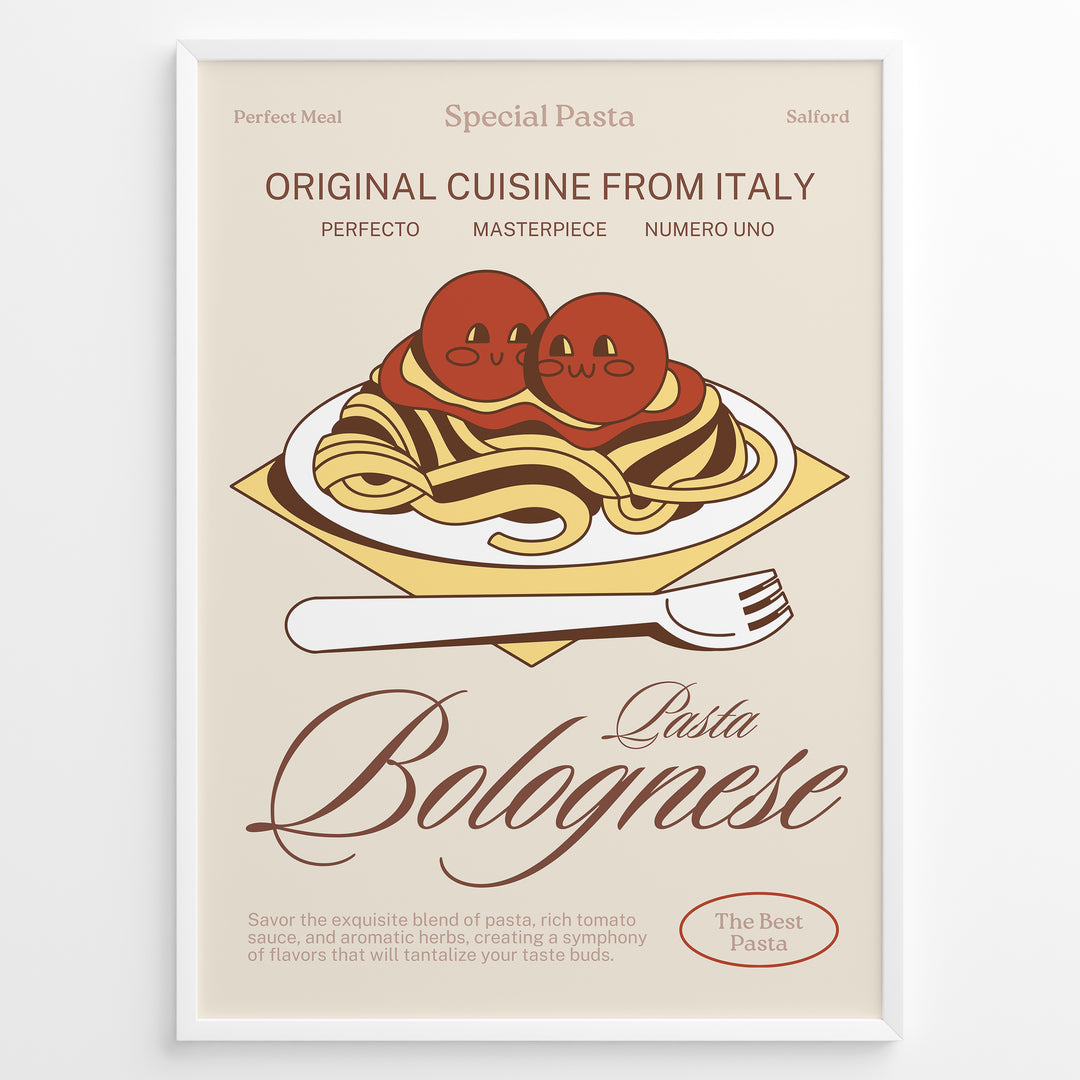 Illustrated poster of pasta bolognese with tomatoes and fork, featuring the text “Original Cuisine from Italy – Pasta Bolognese,” framed in black on a beige background.